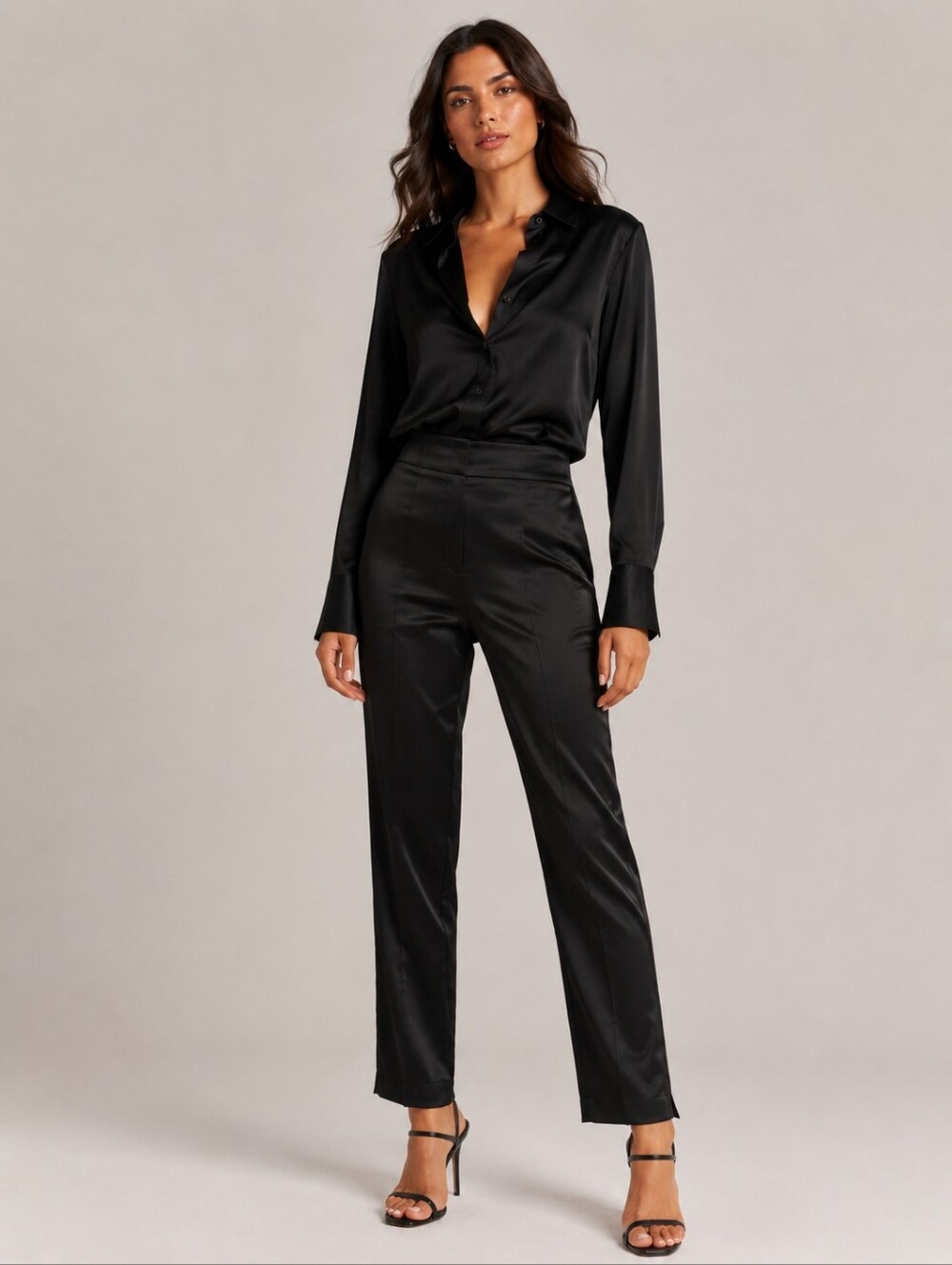 ❤️  ALEXANDRA ROSATI VINTAGE SATIN HIGH RISE STRAIGHT LEG PANTS, BLACK, 14 (32)